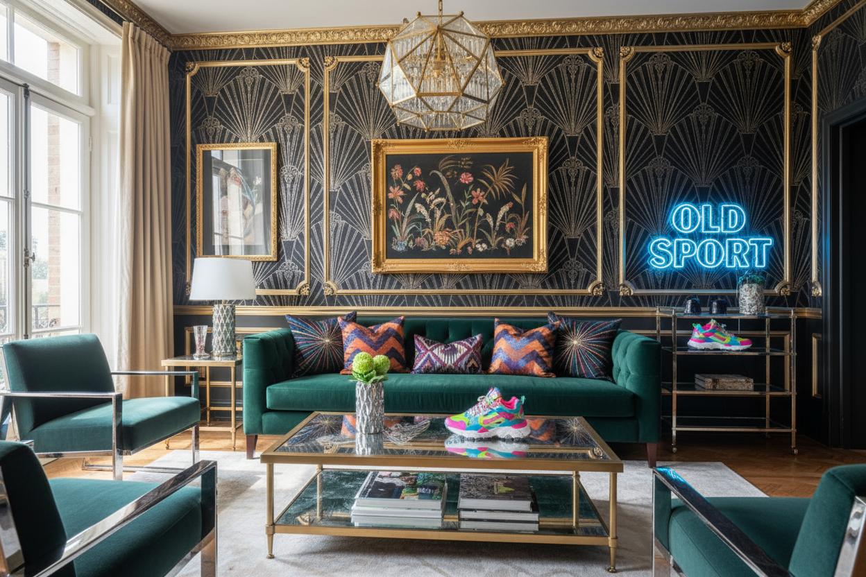 Great Gatsby style decor fashion interior blends art deco elegance with vibrant streetwear sneakers for a modern twist
